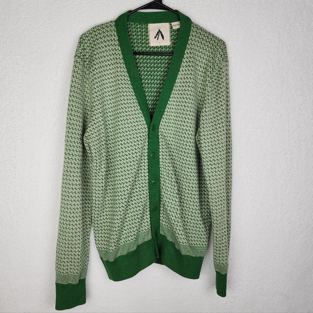 URBAN OUTFITTERS THREE FEATHERS Grandpa Knit Green Houndstooth Cardigan L